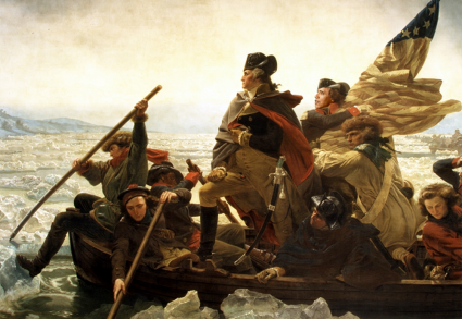 President Obama unfurls the flag during the crossing of the Delaware