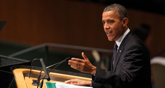 President Barack Obama addresses the 67th session of the United Nations General Assembly at U.N. headquarters Sept. 25, 2012.  (AP Photo/Mary Altaffer)