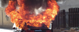 A car attacked by Syrian government forces, whom Hezbollah has been assisting. (AP/Aleppo Media Center, AMC)