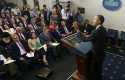 Obama answers questions during news conference in the Brady Press Briefing Room / AP