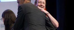 Facebook founder Mark Zuckerberg hugs President Obama / AP