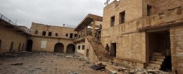 Iraqi soldiers inspect the debris at St. George's Monastery, a historical Chaldean Catholic church on the northern outskirt of Mosul, which was destroyed by ISIS