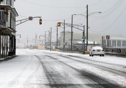 Snow and ice-covere Beach Avenue in Cape May, N.J.