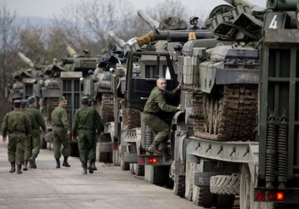 Ukrainian soldiers transport their tanks from their base in Perevalnoe, outside Simferopol, Crimea