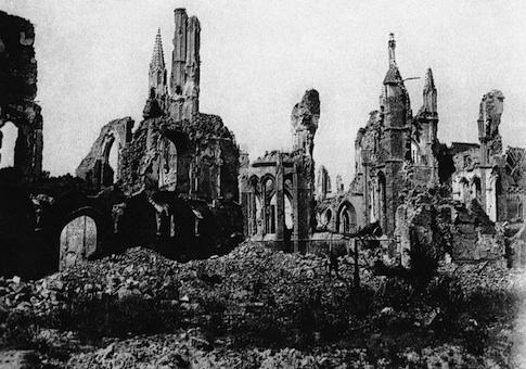Ypres Cathedral in Ypres, Belgium, seen from the market square during World War I