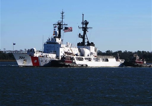 The Coast Guard Cutter Gallatin sails into port in North Charleston, S.C., on Wednesday, Dec. 11, 2013