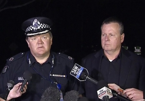 Assistant Commissioner of Victoria Police Luke Cornelius (L) speaks to the media outside the Endeavour Hills Police Station after an altercation in the vicinity, in Melbourne