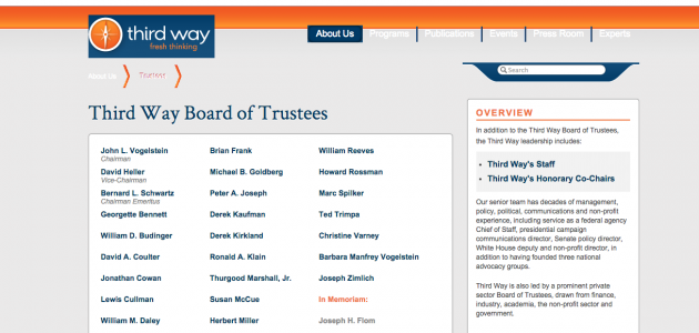 Screen shot of Third Way website with Klain removed from Board of Trustees