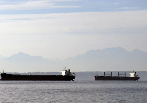 cargo ships waiting to be loaded with soybeans and corn at nearby Pier 86 are anchored in Elliott Bay, and in view of the Olympic mountains behind, in Seattle