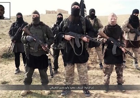 French fighters (or French speaking) of ISIS or Islamic State group or Daesh deliver a message to Francois Hollande and to French people, mourning the killers of Charlie Hebdo team, brothers Kouachi, as well as Amedy Coulibaly in a video message sent on internet on February 4th, 2015