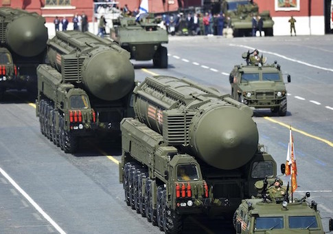 Russian RS-24 Yars/SS-27 Mod 2 solid-propellant intercontinental ballistic missiles drive during the Victory Day parade at Red Square in Moscow