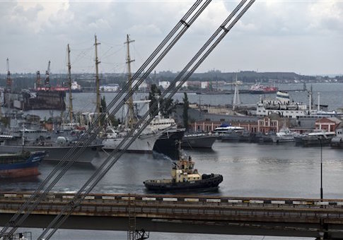 Ukraine's navy ships are docked along with cargo vessels in Odessa, Ukraine