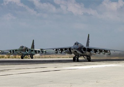 Two Russian SU-25 ground attack aircrafts take off from an airbase Hmeimim in Syria