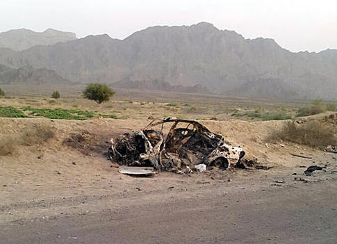 Destroyed vehicle of Mullah Mohammed Akhtar Mansour