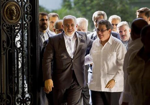 Iranian Foreign Minister Mohammad Javad Zarif, is welcomed by Cuban Foreign Minister Bruno Rodriguez, in Havana, Cuba