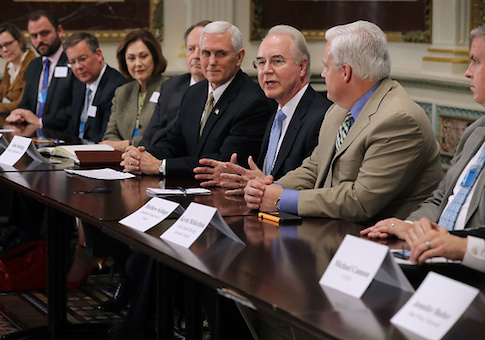 U.S. Secretary of Health and Human Services Tom Price delivers remarks at the beginning of a meeting with Vice President Mike Pence and representatives of conservative political organizations to discuss the American Health Care Act
