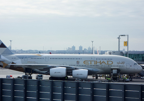 An Etihad Airways jet can be seen parked at the terminal on March 21, 2017 at John F. Kennedy International Airport in New York