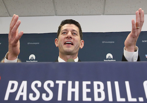 House Speaker Paul Ryan speaks to the media after after a House Republican closed party conference attended by U.S. President Donald Trump, on Capitol Hill, on March 21