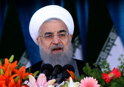 Iranian President Hassan Rouhani delivers a speech during a parade on the country's Army Day