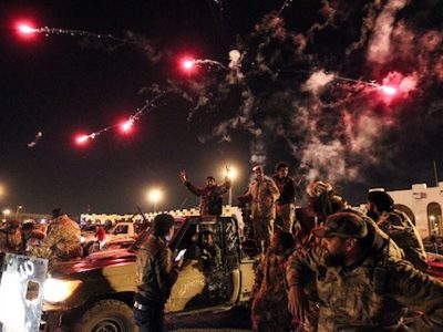 Libyans take part in a celebration with fireworks marking the sixth anniversary of the Libyan revolution