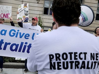 Proponents of net neutrality protest against Federal Communication Commission Chairman Ajit Pai