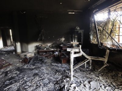 A picture shows the interior of the burnt US consulate building in the eastern Libyan city of Benghazi on September 13, 2012
