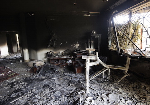 A picture shows the interior of the burnt US consulate building in the eastern Libyan city of Benghazi on September 13, 2012