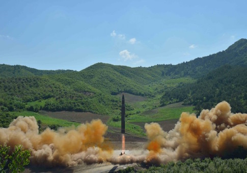 The intercontinental ballistic missile Hwasong-14 is seen during its test launch