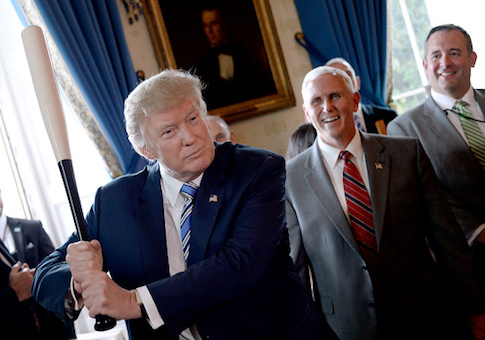 President Donald Trump swings a Marucci baseball bat in the Blue Room during a "Made in America" product showcase event at the White House