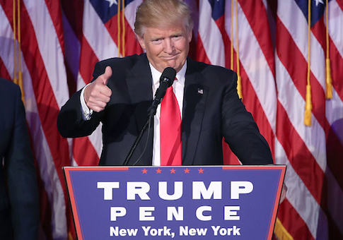 Donald Trump gives his acceptance speech at his election night event at the New York Hilton Midtown in the early morning hours of November 9, 2016