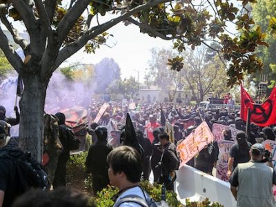 Antifa members and counter protesters gather at the rightwing No To Marxism rally on August 27, 2017 in Berkeley