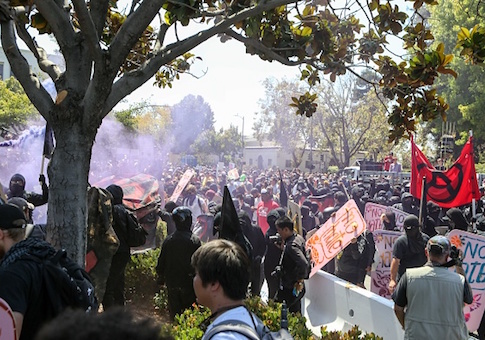 Antifa members and counter protesters gather at the rightwing No To Marxism rally on August 27, 2017 in Berkeley