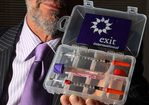 A doctor holds up a drug testing kit which is used as part of assisted suicides