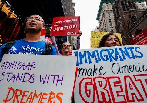 Protesters shout during a demonstration in support of the Deferred Action for Childhood Arrivals