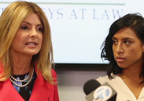 Lisa Bloom (L), lawyer for Montia Sabbag, speaks regarding the alleged attack on her client's character after accusations that Sabbag attempted to extort comedian Kevin Hart during a press conference held at The Bloom Firm September 20, 2017 in Woodland Hills, California. The scandal stems from a provocative video taken in Las Vegas last month where both Hart and Sabbag are seen. (Photo by Frederick M. Brown/Getty Images)