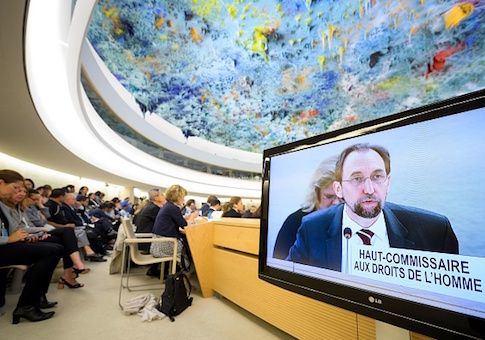 United Nations High Commissioner for Human Rights, Jordanian Zeid Ra'ad Al Hussein addresses a session of United Nations Human Rights Council