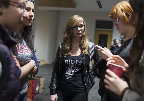 An American University student on a Sexual Assault Awareness and Prevention Task Force dealing with campus sexual assaults and violence, speaks with fellow students