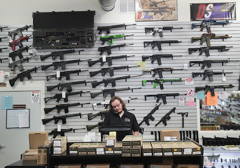 Guns built by DSA Inc and other manufacturers are displayed inside the DSA Inc. store