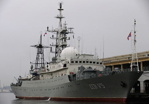 The Viktor Leonov CCB-175, a Russian Navy intelligence warship, is docked to a pier in Old Havana