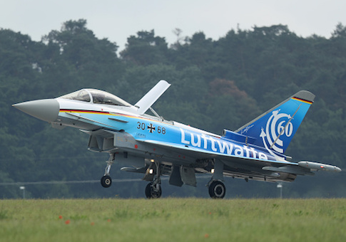 A Eurofighter Typhoon of the German Luftwaffe flies at the ILA 2016 Berlin Air Show