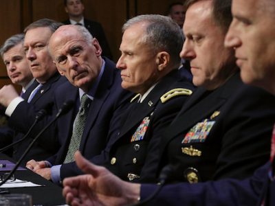 FBI Director Christopher Wray, CIA Director Mike Pompeo, DNI Dan Coats, DIA Director Robert Ashley, NSA Director Michael Rogers, and National Geospatial Intelligence Agency Director Robert Cardillo testify before the Senate Intelligence Committee