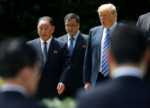 North Korean envoy Kim Yong Chol walks out of the Oval Office with President Trump at the White House in Washington