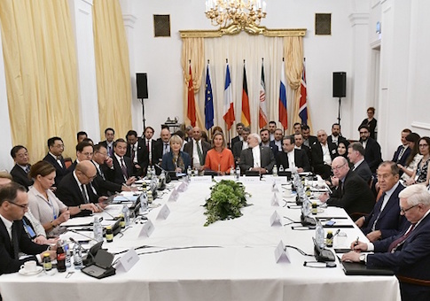 Foreign ministers including Iranian Foreign Minister Javad Zarif and German Foreign Minister Heiko Maas take part in a Comprehensive Plan of Action ministerial meeting on the Iran nuclear deal