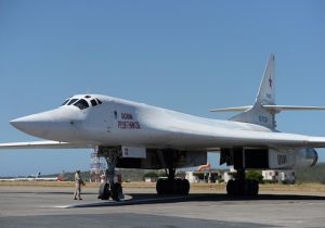A Russian Tupolev Tu-160 strategic long-range heavy supersonic bomber aircraft is pictured upon landing at Maiquetia International Airport, just north of Caracas