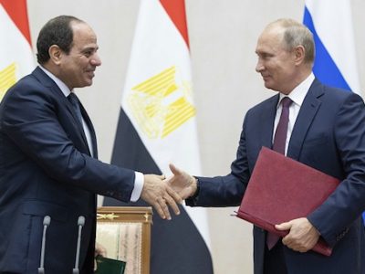 Russian President Vladimir Putin shakes hands with Egyptian President Abdel Fattah el-Sisi