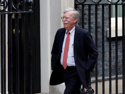 FILE PHOTO: U.S. National Security Advisor John Bolton arrives for a meeting with Britain's Chancellor of the Exchequer Sajid Javid at Downing Street in London