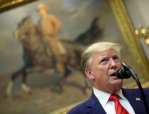 U.S. President Trump speaks to reporters at the White House in Washington