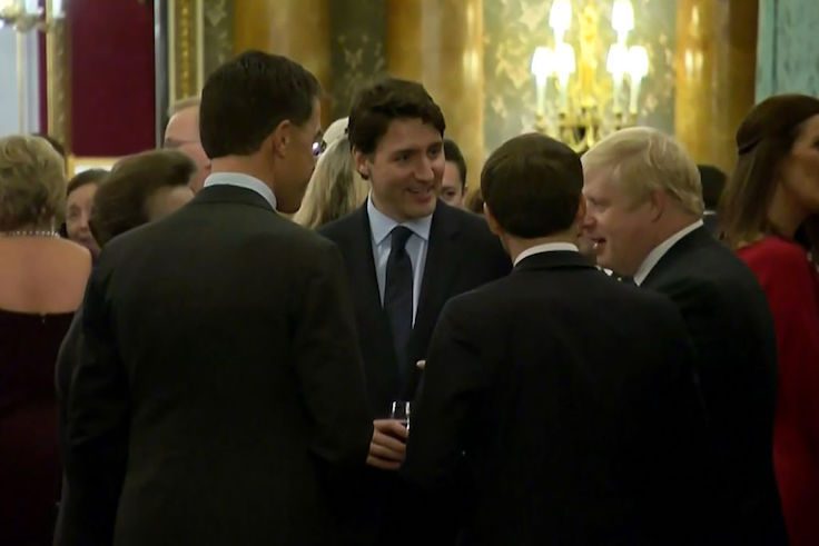 This grab made from a video shows Dutch Prime Minister Mark Rutte (L), French President Emmanuel Macron (front), British Prime Minister Boris Johnson (R) and Canada's Prime Minister Justin Trudeau (back-C) as the leaders of Britain, Canada, France and the Netherlands were caught on camera at a Buckingham Palace reception mocking US President Donald Trump's lengthy media appearances ahead of the NATO summit on December 3, 2019 in London. - US President Donald Trump cancelled on December 4, 2019 a planned final news conference scheduled for after the NATO summit, following two days of sharp disputes with allies. (Photo by - / NATO TV / AFP) (Photo by -/NATO TV/AFP via Getty Images)