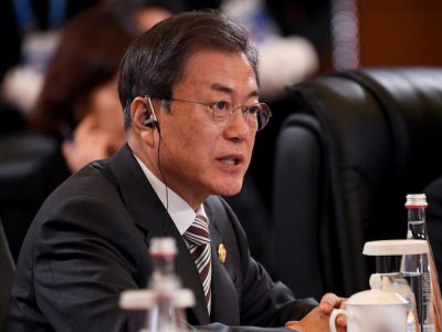 South Korea's President Moon Jae-in speaks at the 8th trilateral leaders' meeting between China, South Korea and Japan in Chengdu