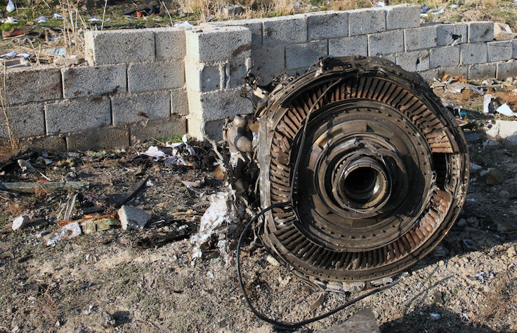 An engine lies on the ground after a Ukrainian plane carrying 176 passengers crashed near Imam Khomeini airport in the Iranian capital Tehran early in the morning on January 8, 2020